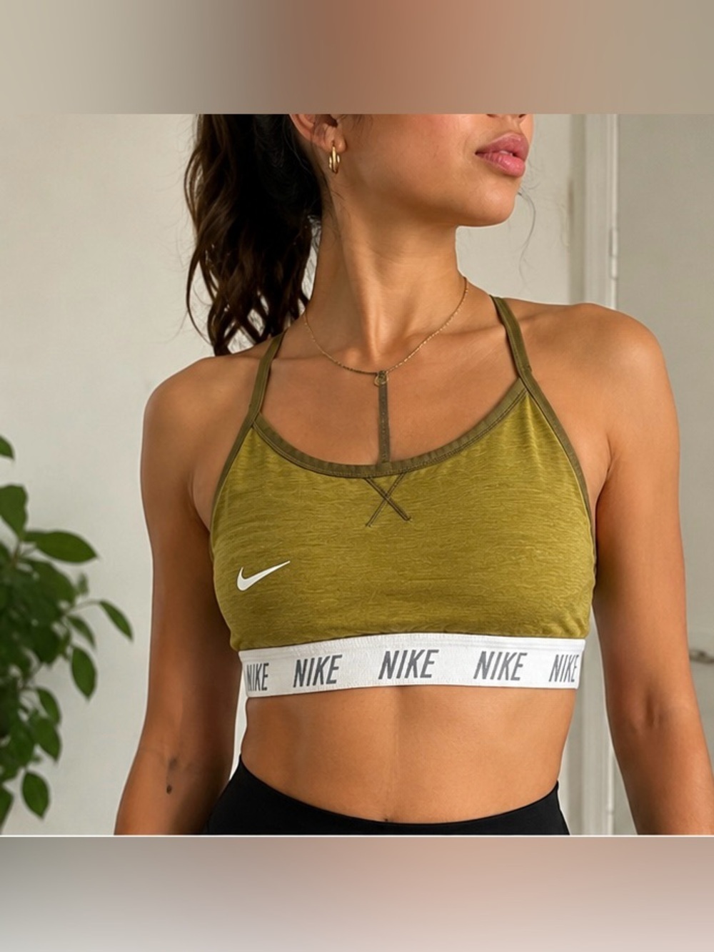 Nike Dri-FIT Olive Green Sports Bra Women’s Small T-Back Light Support Athletic